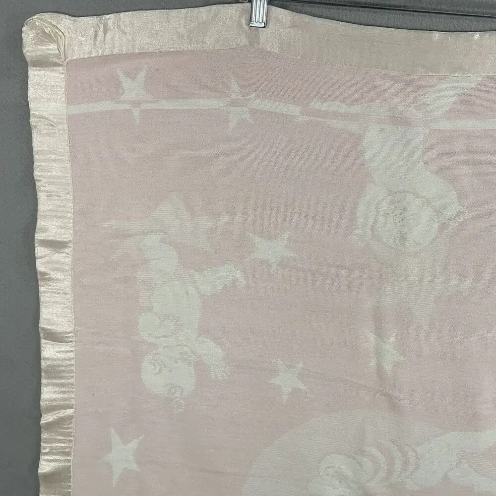 Vintage Baby Girl Nursery Crib Blanket Pink Satin Trim 33 x 39 Moon Stars *Read*